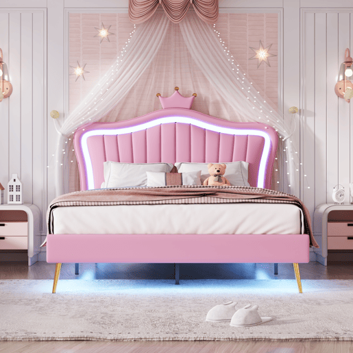 Cama infantil 140 x 200 cm - Estrutura com coroas cor-de-rosa, LED, cabeceira e estrado - Cor-de-rosa