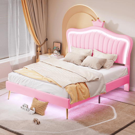 Cama infantil 140 x 200 cm - Estrutura com coroas cor-de-rosa, LED, cabeceira e estrado - Cor-de-rosa