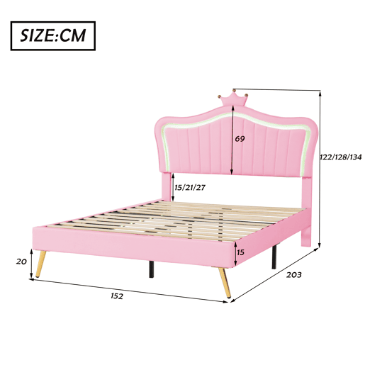 Cama infantil 140 x 200 cm - Estrutura com coroas cor-de-rosa, LED, cabeceira e estrado - Cor-de-rosa
