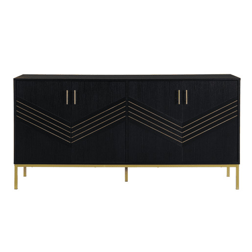 Aparador moderno - com 4 portas, prateleiras ajustáveis e grande capacidade, design elegante em MDF com pés metálicos - preto e dourado