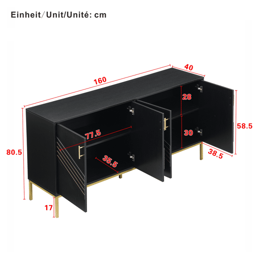 Aparador moderno - com 4 portas, prateleiras ajustáveis e grande capacidade, design elegante em MDF com pés metálicos - preto e dourado