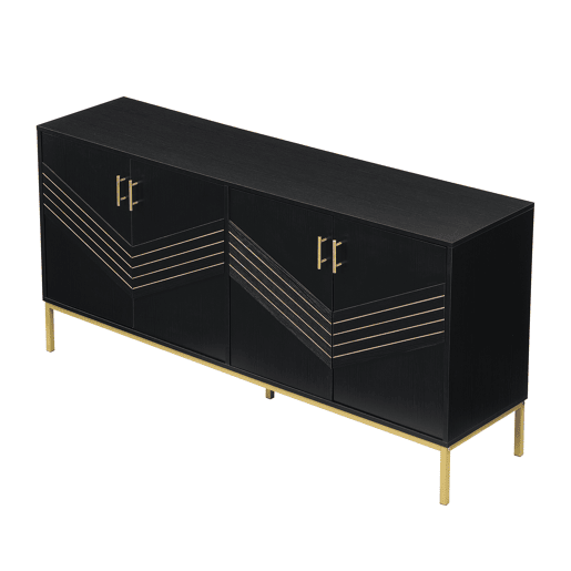 Aparador moderno - com 4 portas, prateleiras ajustáveis e grande capacidade, design elegante em MDF com pés metálicos - preto e dourado
