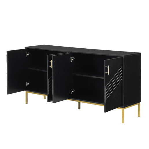 Aparador moderno - com 4 portas, prateleiras ajustáveis e grande capacidade, design elegante em MDF com pés metálicos - preto e dourado