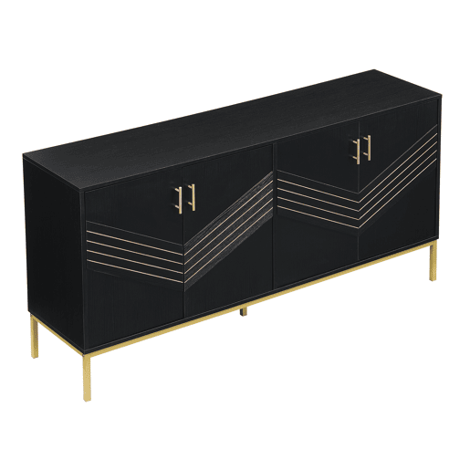 Aparador moderno - com 4 portas, prateleiras ajustáveis e grande capacidade, design elegante em MDF com pés metálicos - preto e dourado