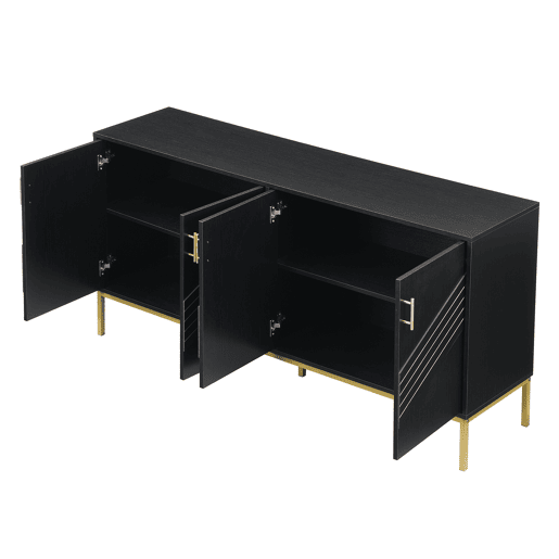 Aparador moderno - com 4 portas, prateleiras ajustáveis e grande capacidade, design elegante em MDF com pés metálicos - preto e dourado