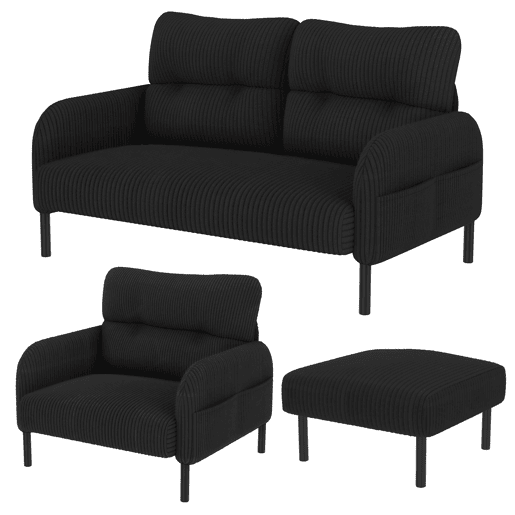 Conjunto de 3 peças Cord - Poltrona + Banqueta + Sofá de 2 lugares - Estrutura em aço, encosto macio, modular, preto