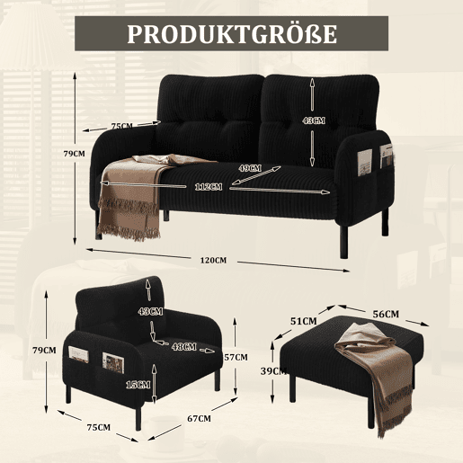 Conjunto de 3 peças Cord - Poltrona + Banqueta + Sofá de 2 lugares - Estrutura em aço, encosto macio, modular, preto