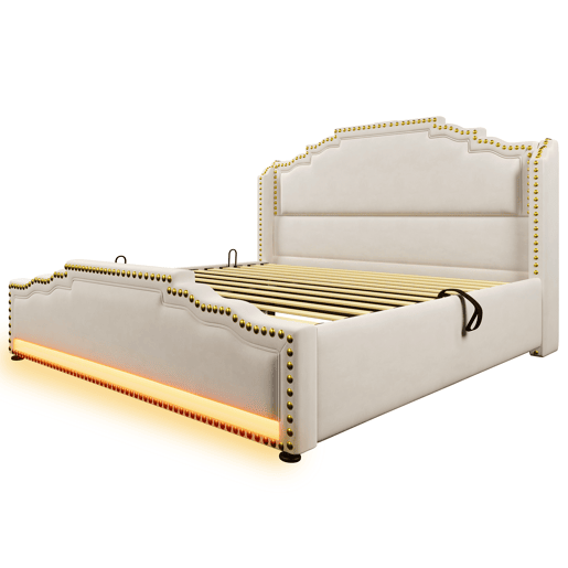Cama Polsterbett 140x200 - Com armazenamento hidráulico, iluminação LED e porta USB-C - Bege