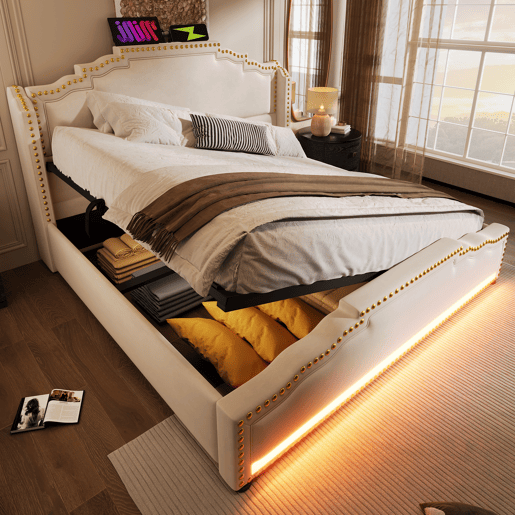 Cama Polsterbett 140x200 - Com armazenamento hidráulico, iluminação LED e porta USB-C - Bege