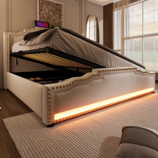 Cama Polsterbett 140x200 - Com armazenamento hidráulico, iluminação LED e porta USB-C - Bege
