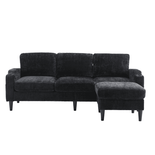 Sofá elegante de 4 lugares - Com apoio para os pés, arrumação, apoios de braços confortáveis, porta-copos, bolsos laterais e pés de plástico robustos - Preto