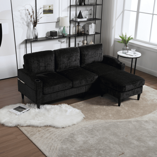 Sofá elegante de 4 lugares - Com apoio para os pés, arrumação, apoios de braços confortáveis, porta-copos, bolsos laterais e pés de plástico robustos - Preto