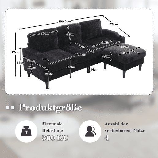Sofá elegante de 4 lugares - Com apoio para os pés, arrumação, apoios de braços confortáveis, porta-copos, bolsos laterais e pés de plástico robustos - Preto