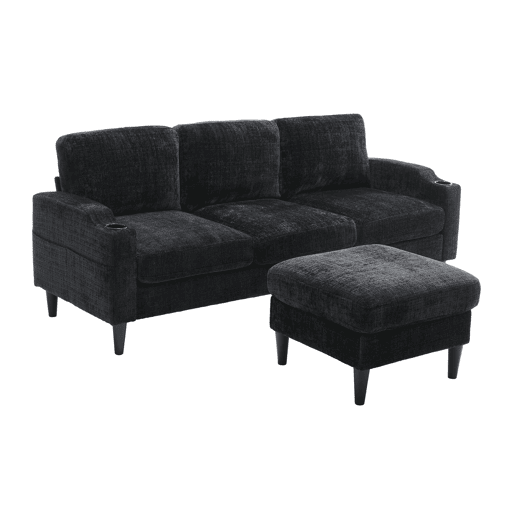 Sofá elegante de 4 lugares - Com apoio para os pés, arrumação, apoios de braços confortáveis, porta-copos, bolsos laterais e pés de plástico robustos - Preto