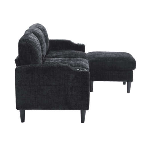 Sofá elegante de 4 lugares - Com apoio para os pés, arrumação, apoios de braços confortáveis, porta-copos, bolsos laterais e pés de plástico robustos - Preto