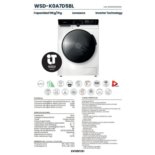Máquina de Lavar e Secar Infiniton WSD-K0A7D5BL, 10 kg  7 kg, 1500 RPM, AD, 14 Programas, Branco