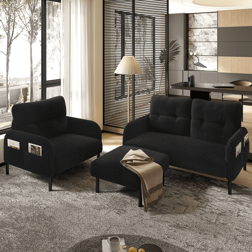 Conjunto de 3 peças Cord - Poltrona + Banqueta + Sofá de 2 lugares - Estrutura em aço, encosto macio, modular, preto