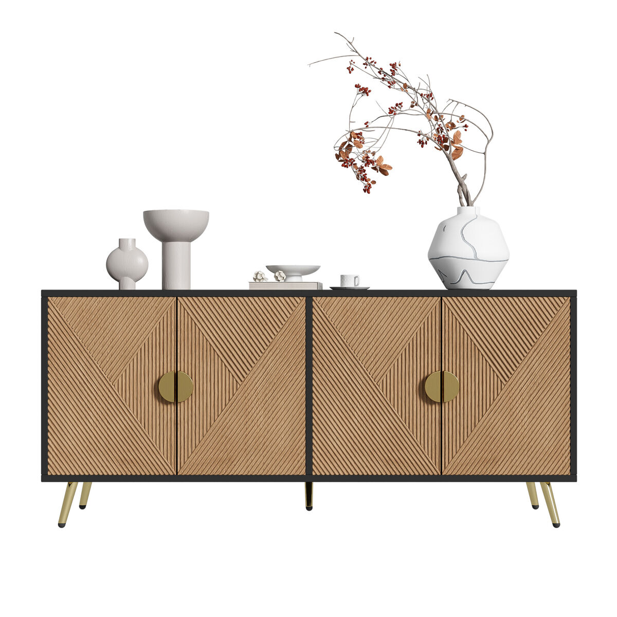 Aparador 160 cm - cuatro puertas, asas doradas cepilladas y patas de mesa brillantes - negro + madera