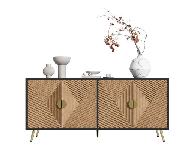 Aparador 160 cm - cuatro puertas, asas doradas cepilladas y patas de mesa brillantes - negro + madera