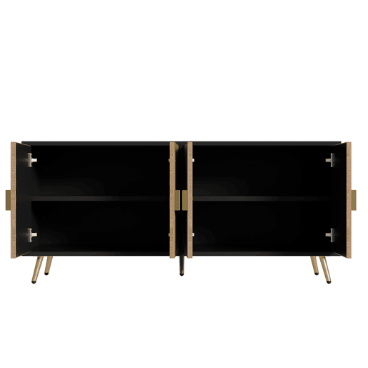 Aparador 160 cm - Quatro portas, puxadores dourados escovados e pés brilhantes - Preto + Madeira