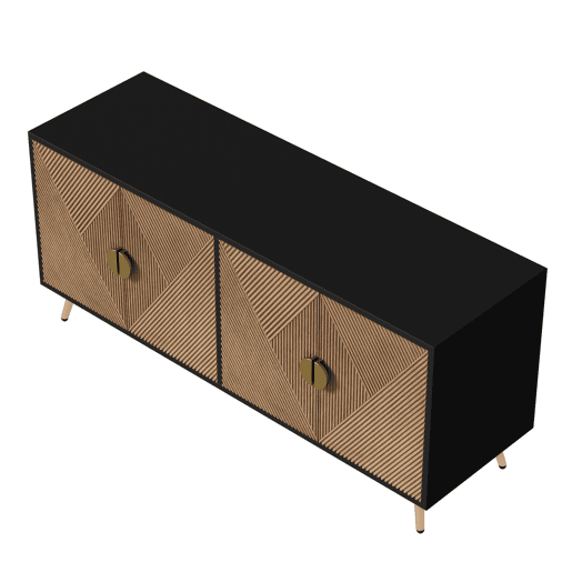 Aparador 160 cm - Quatro portas, puxadores dourados escovados e pés brilhantes - Preto + Madeira