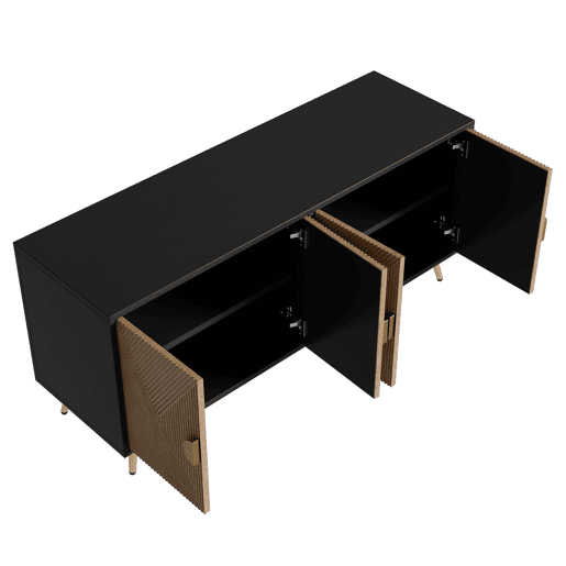 Aparador 160 cm - Quatro portas, puxadores dourados escovados e pés brilhantes - Preto + Madeira