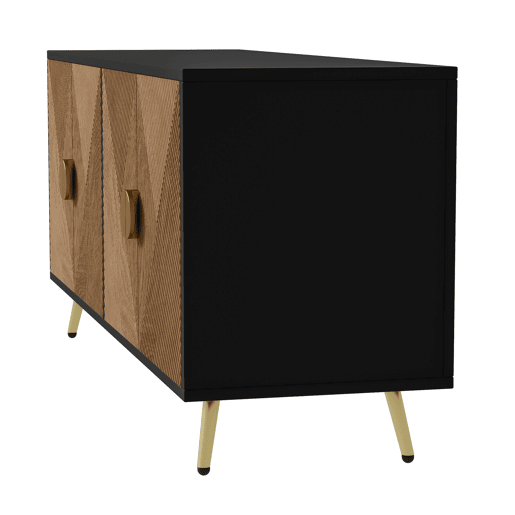 Aparador 160 cm - Quatro portas, puxadores dourados escovados e pés brilhantes - Preto + Madeira