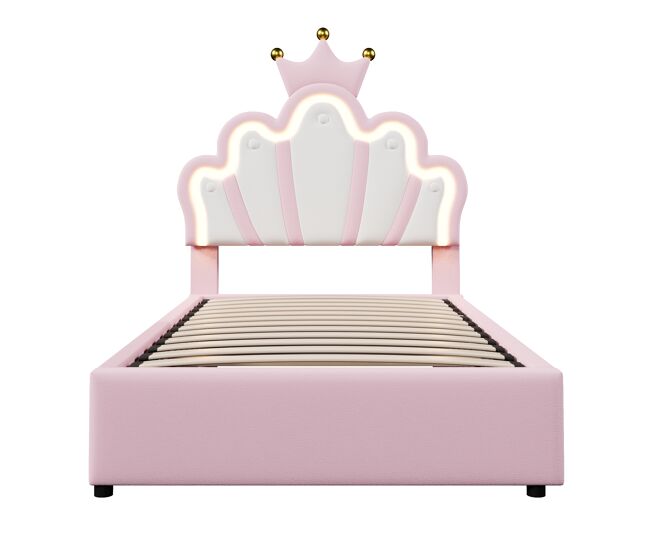 Cama tapizada 90x200 cm - sin colchón, luz led, mecanismo hidráulico, cama princesa con forma de corona, cabecero ajustable, pu - rosa