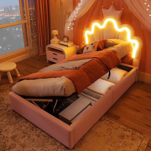 Cama estofada 90x200 cm - sem colchão, luz LED, mecanismo hidráulico, cama princesa em forma de coroa, cabeceira ajustável, PU - rosa