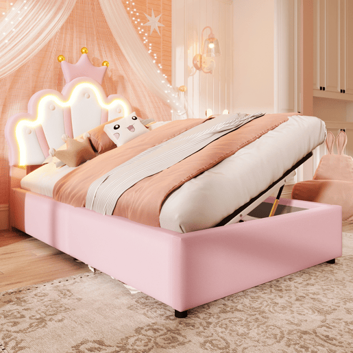 Cama estofada 90x200 cm - sem colchão, luz LED, mecanismo hidráulico, cama princesa em forma de coroa, cabeceira ajustável, PU - rosa