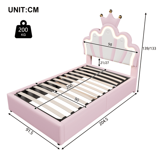 Cama estofada 90x200 cm - sem colchão, luz LED, mecanismo hidráulico, cama princesa em forma de coroa, cabeceira ajustável, PU - rosa