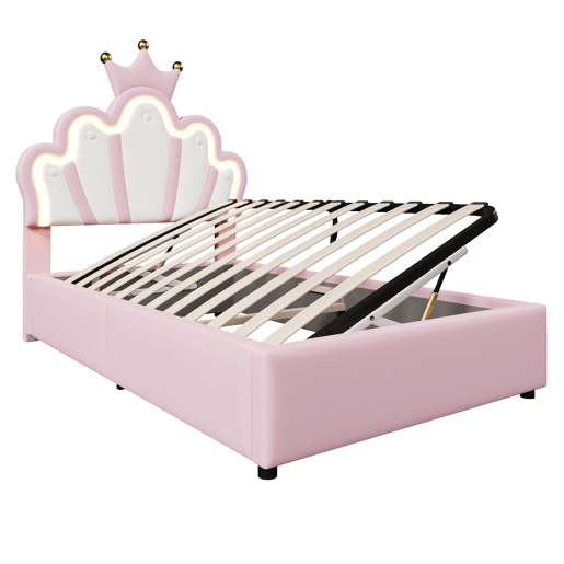 Cama estofada 90x200 cm - sem colchão, luz LED, mecanismo hidráulico, cama princesa em forma de coroa, cabeceira ajustável, PU - rosa