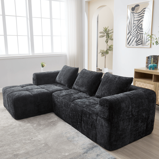 Sofá seccional moderno, sofá em L, sofá de 3 lugares, sem necessidade de montagem, sofá de chenille com chaise longue e apoio de braços, 3 almofadas, bolso lateral para controlo remoto, preto