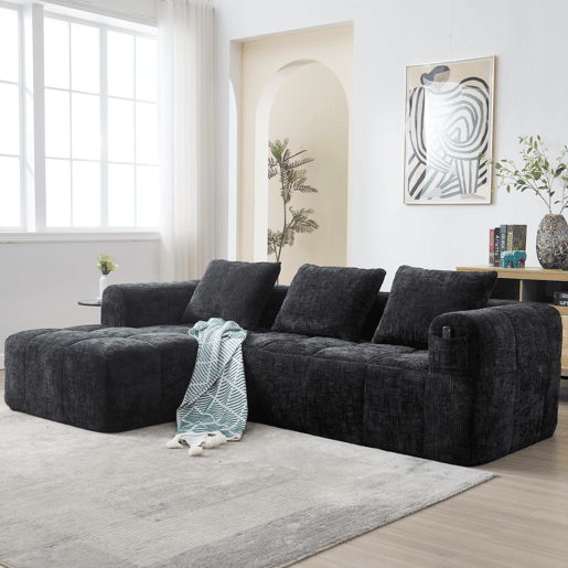 Sofá seccional moderno, sofá em L, sofá de 3 lugares, sem necessidade de montagem, sofá de chenille com chaise longue e apoio de braços, 3 almofadas, bolso lateral para controlo remoto, preto