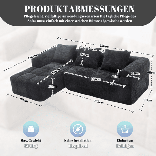 Sofá seccional moderno, sofá em L, sofá de 3 lugares, sem necessidade de montagem, sofá de chenille com chaise longue e apoio de braços, 3 almofadas, bolso lateral para controlo remoto, preto