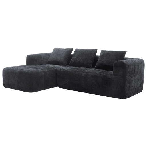 Sofá seccional moderno, sofá em L, sofá de 3 lugares, sem necessidade de montagem, sofá de chenille com chaise longue e apoio de braços, 3 almofadas, bolso lateral para controlo remoto, preto