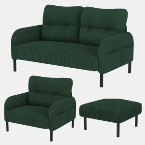 Conjunto de 3 peças Cord - Poltrona + Pufe + Sofá de 2 lugares com bolso lateral, estrutura em aço e encosto extra macio - Verde Esmeralda