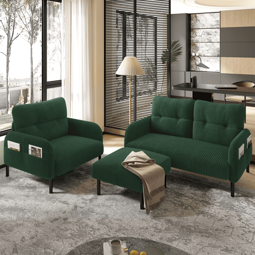 Conjunto de 3 peças Cord - Poltrona + Pufe + Sofá de 2 lugares com bolso lateral, estrutura em aço e encosto extra macio - Verde Esmeralda Conjunto de 3 peças Cord - Poltrona + Pufe + Sofá de 2 lugares com bolso lateral, estrutura em aço e encosto extra macio - Verde Esmeralda