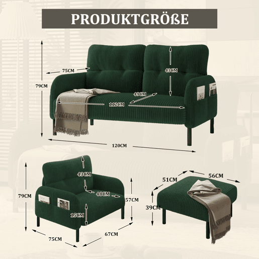 Conjunto de 3 peças Cord - Poltrona + Pufe + Sofá de 2 lugares com bolso lateral, estrutura em aço e encosto extra macio - Verde Esmeralda Conjunto de 3 peças Cord - Poltrona + Pufe + Sofá de 2 lugares com bolso lateral, estrutura em aço e encosto extra macio - Verde Esmeralda