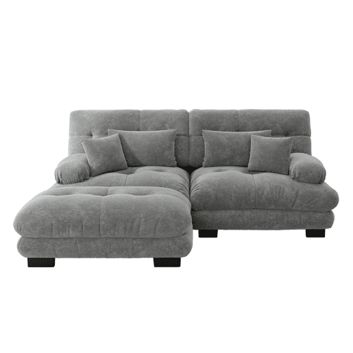 Sofá Cloud 2 lugares - Chenille com 2 almofadas lombares, 2 almofadas decorativas, braços largos e otomano - Cinza