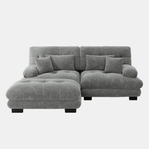 Sofá Cloud 2 lugares - Chenille com 2 almofadas lombares, 2 almofadas decorativas, braços largos e otomano - Cinza