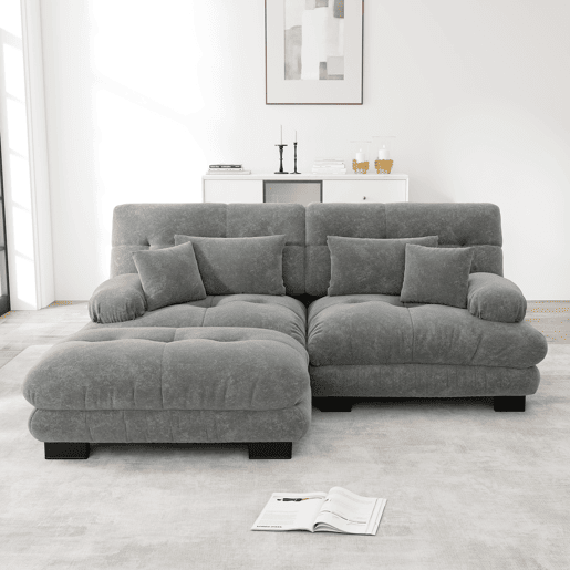 Sofá Cloud 2 lugares - Chenille com 2 almofadas lombares, 2 almofadas decorativas, braços largos e otomano - Cinza