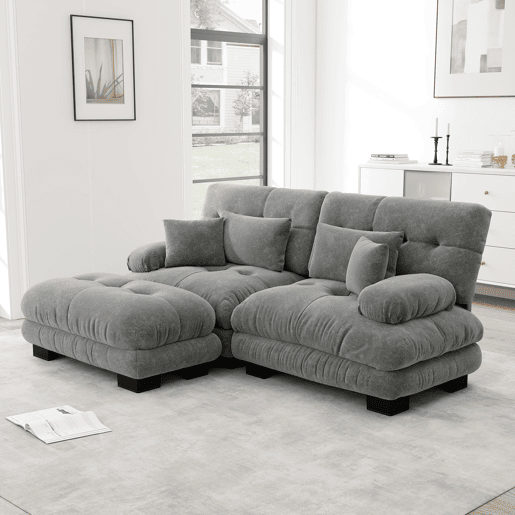 Sofá Cloud 2 lugares - Chenille com 2 almofadas lombares, 2 almofadas decorativas, braços largos e otomano - Cinza