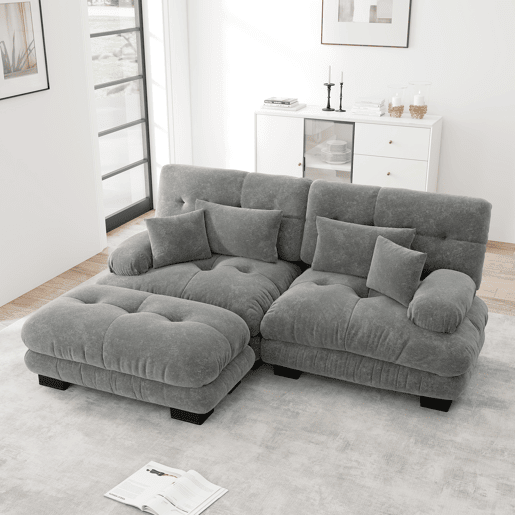Sofá Cloud 2 lugares - Chenille com 2 almofadas lombares, 2 almofadas decorativas, braços largos e otomano - Cinza