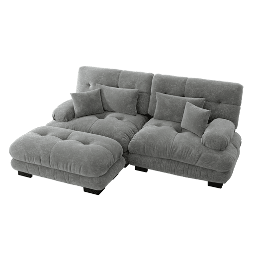Sofá Cloud 2 lugares - Chenille com 2 almofadas lombares, 2 almofadas decorativas, braços largos e otomano - Cinza