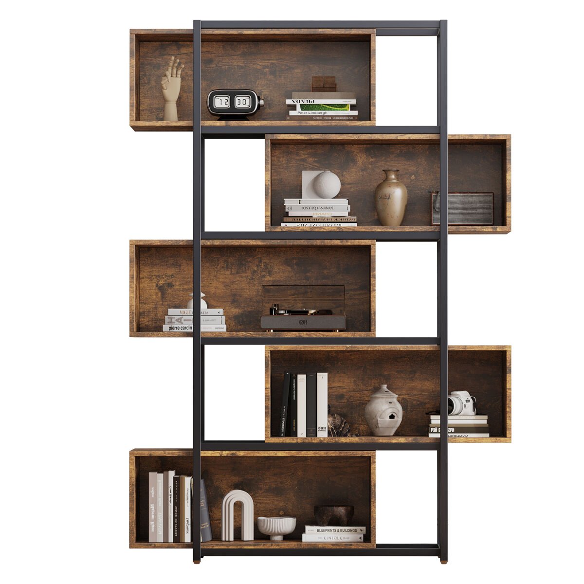 Estantería para libros 5 niveles - con estantes ajustables, acabado madera marrón, estructura de acero negro + marrón