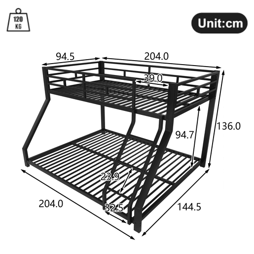 Cama beliche, 90200 cm + 140200 cm - com grade, escada, certificado EN747, sem colchão - Preto Cama beliche, 90200 cm + 140200 cm - com grade, escada, certificado EN747, sem colchão - Preto