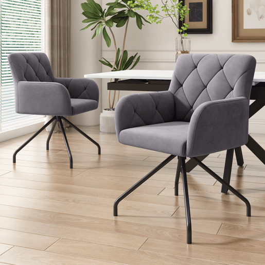 Conjunto de 2 cadeiras de jantar - Cadeira de sala moderna com apoio lombar, 4 pernas metálicas, design em losangos - Cinza