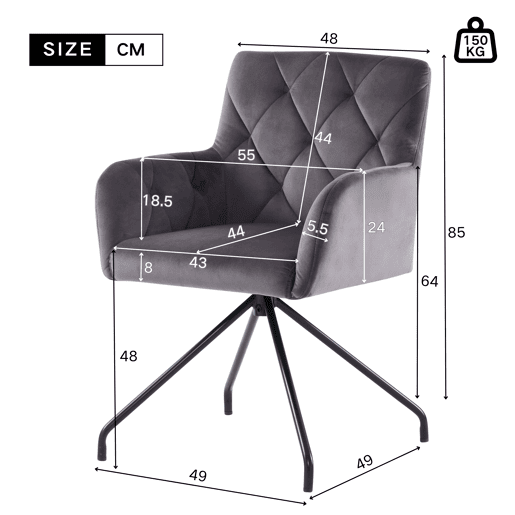 Conjunto de 2 cadeiras de jantar - Cadeira de sala moderna com apoio lombar, 4 pernas metálicas, design em losangos - Cinza