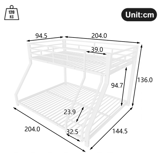 Cama beliche, 90200 cm + 140200 cm - Com grade, escada, certificado EN747, sem colchão - Branco Cama beliche, 90200 cm + 140200 cm - Com grade, escada, certificado EN747, sem colchão - Branco